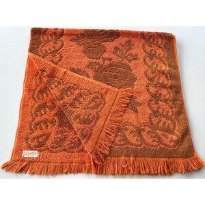 Vintage 70s small bath towel, orange & brown, plush, reversible, fringed
